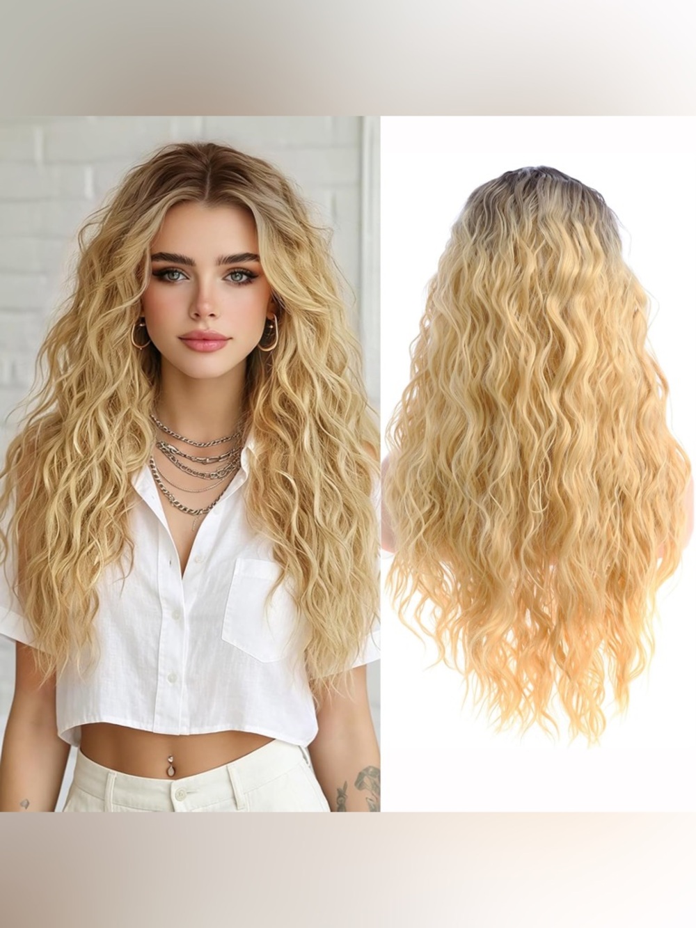 Long Blonde Ombré Wig Curly Wavy Middle Part Natural Hair, Synthetic
